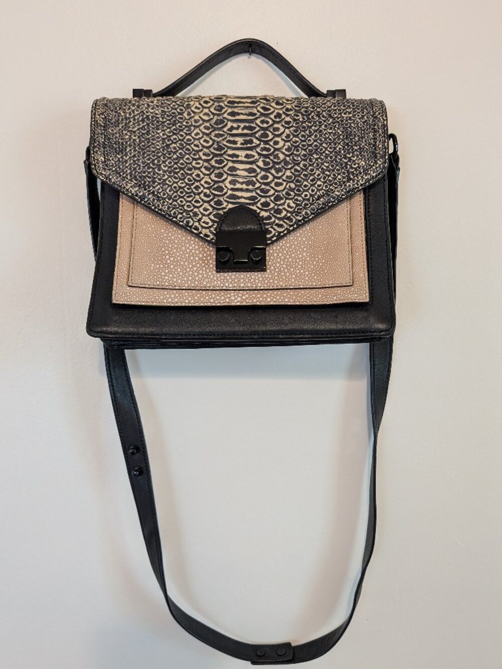 Loeffler Randall Rider Satchel Black Leather Croc Stingray Effect Crossbody